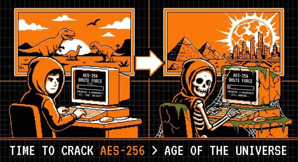 Brute Force Impossibility Diagram: Time to crack AES-256 > Age of the Universe