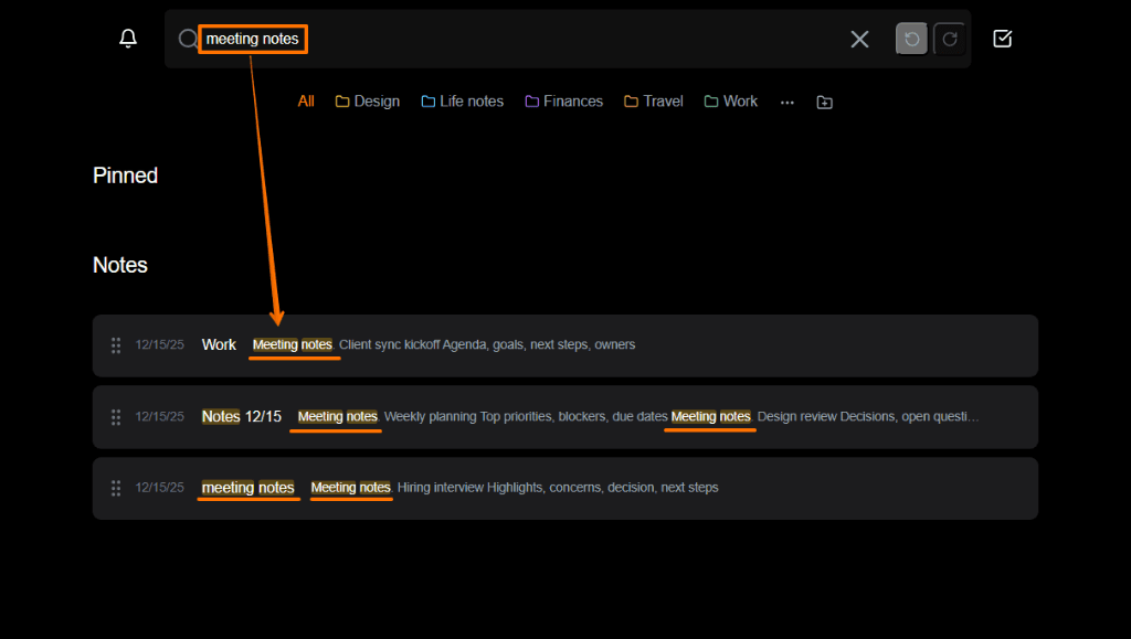 Full-text search in TaskNote finding every note that mentions meeting notes