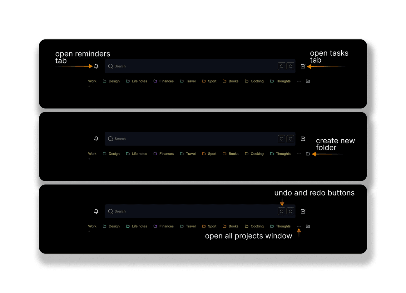 Top bar controls for reminders, tasks, undo, redo, projects, and new folder