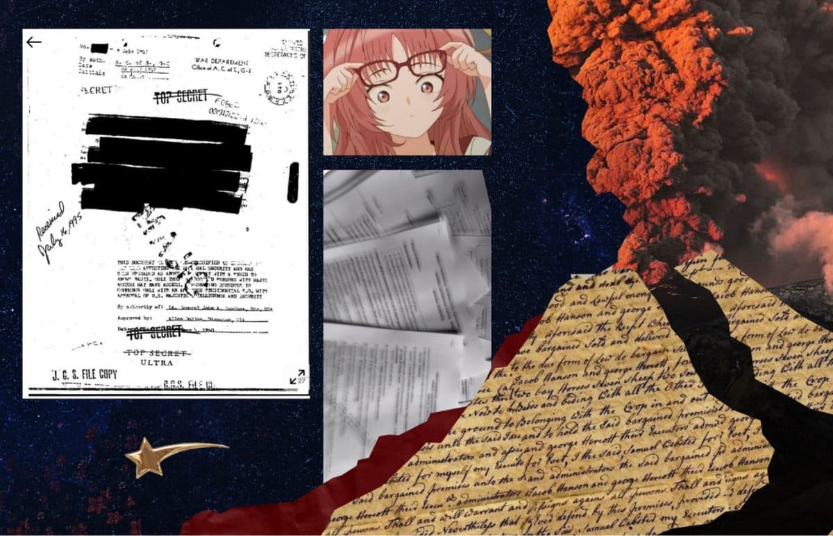 Collage of a redacted document, a pile of papers and an erupting volcano, standing for office routine