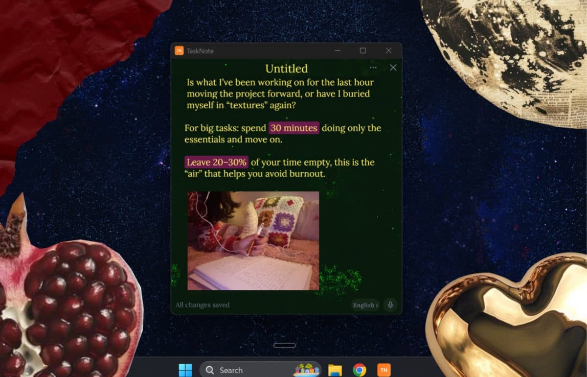 A note in the TaskNote Windows app with three rules against perfectionism