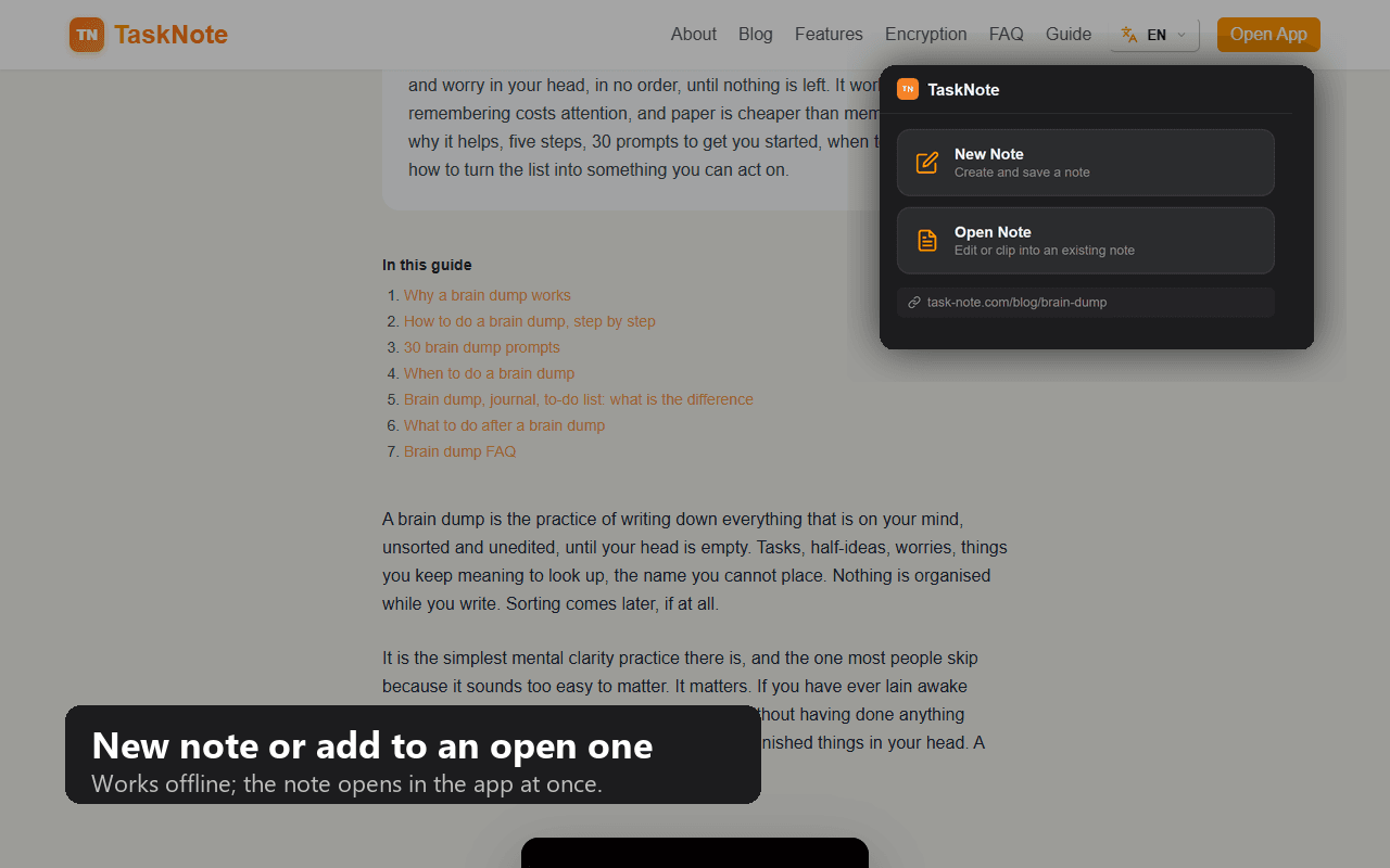 Desktop Clipper for Chrome: new note, or add to the open one
