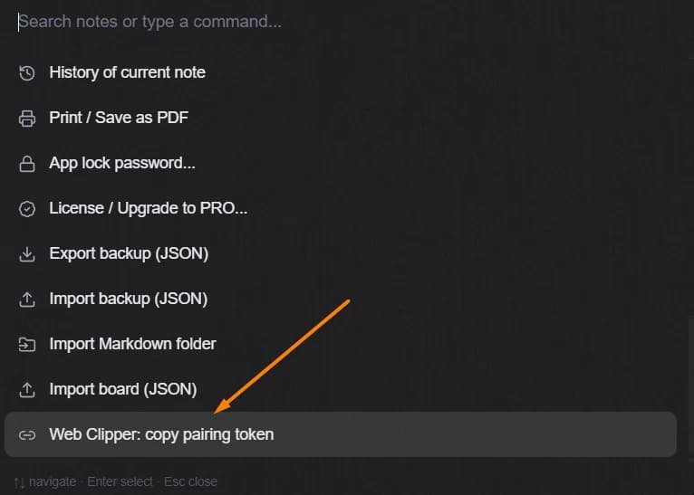 In the TaskNote Windows app type "/" in the search box, or press Ctrl+Shift+K, and choose "Web Clipper: copy pairing token".
