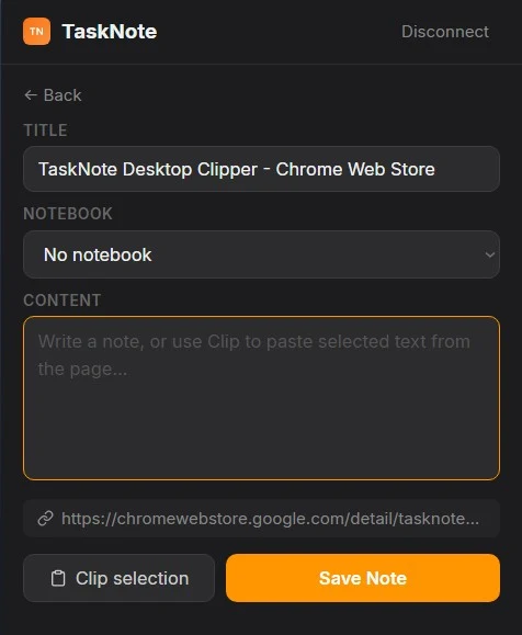 New Note: the page title is filled in, pick a notebook, write, or press "Clip selection" to paste what you selected on the page. Save Note.