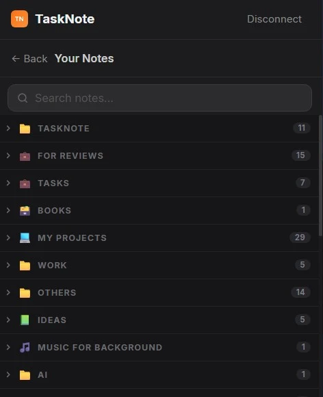 Open Note: your notebooks and notes from the app, with search. The clip goes into the note you pick.