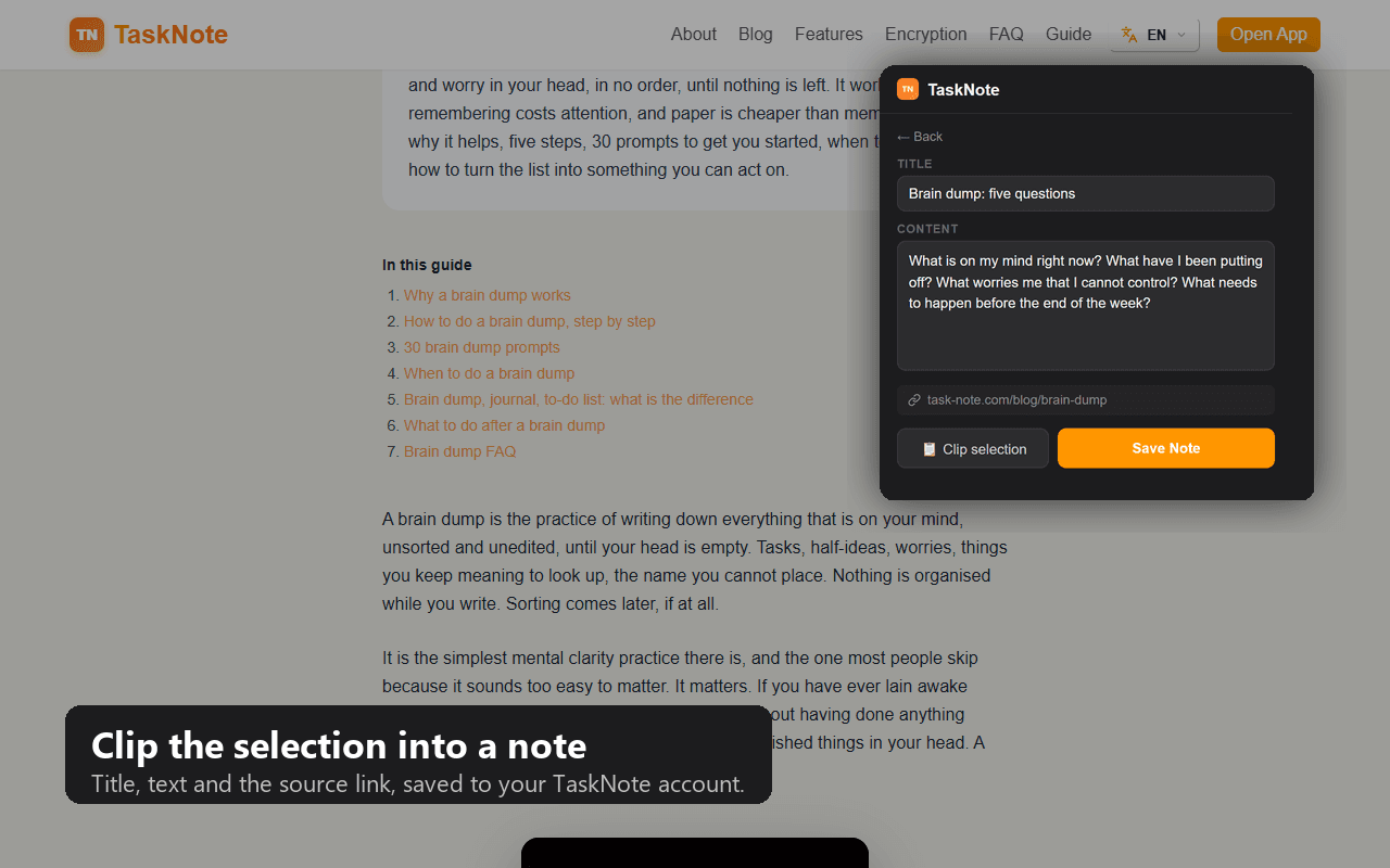 Web Clipper for Chrome: the selection goes into your TaskNote account