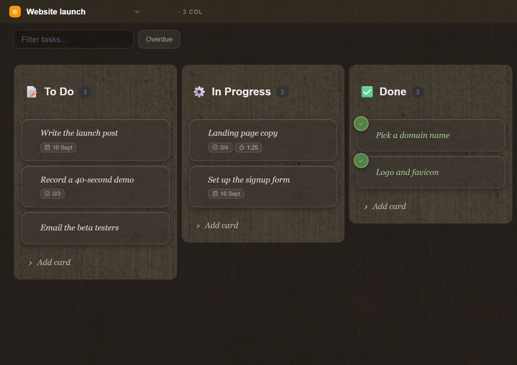 A TaskNote kanban board beside a note on Windows, running from one file with no account and no monthly fee