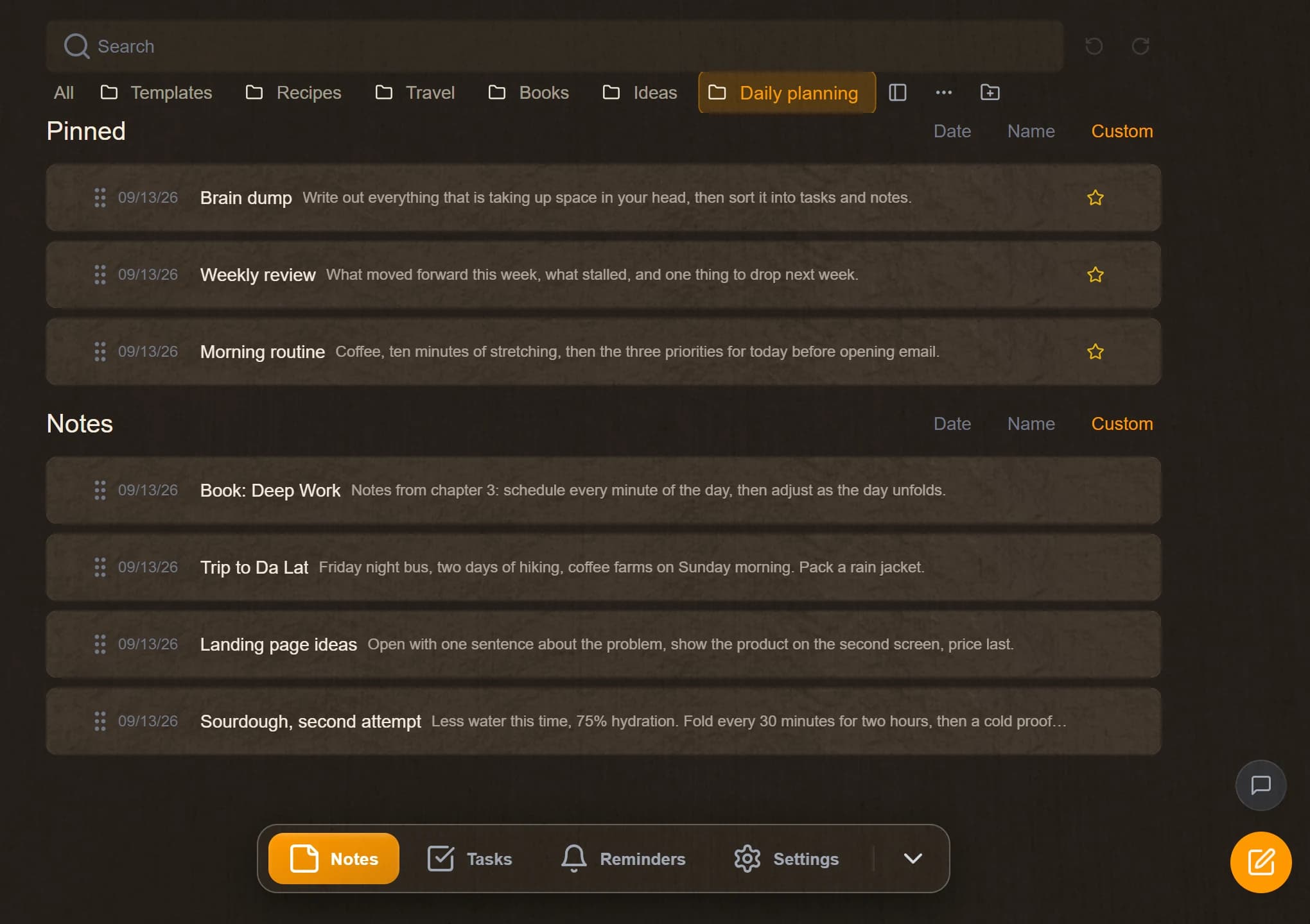 TaskNote, a free note taking app: a notebook with pinned notes on a kraft paper theme