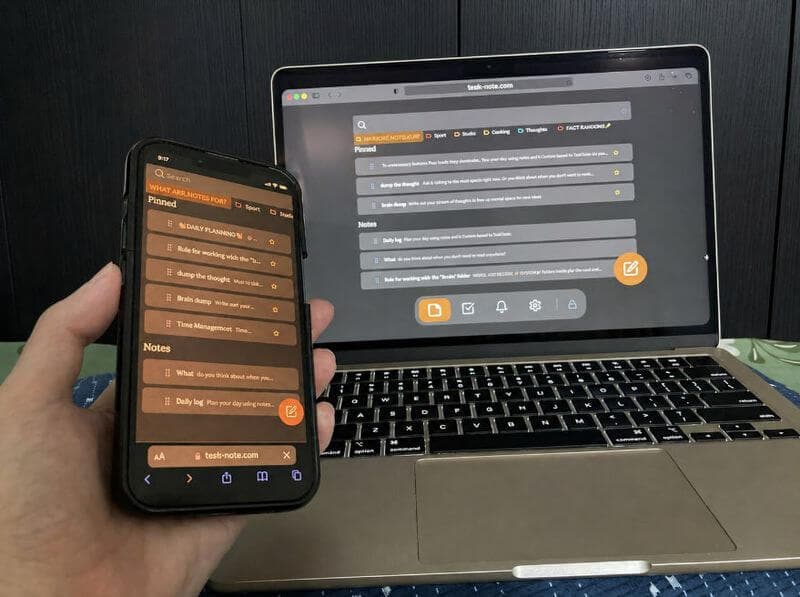 TaskNote app open on MacBook and smartphone showing cross platform usage