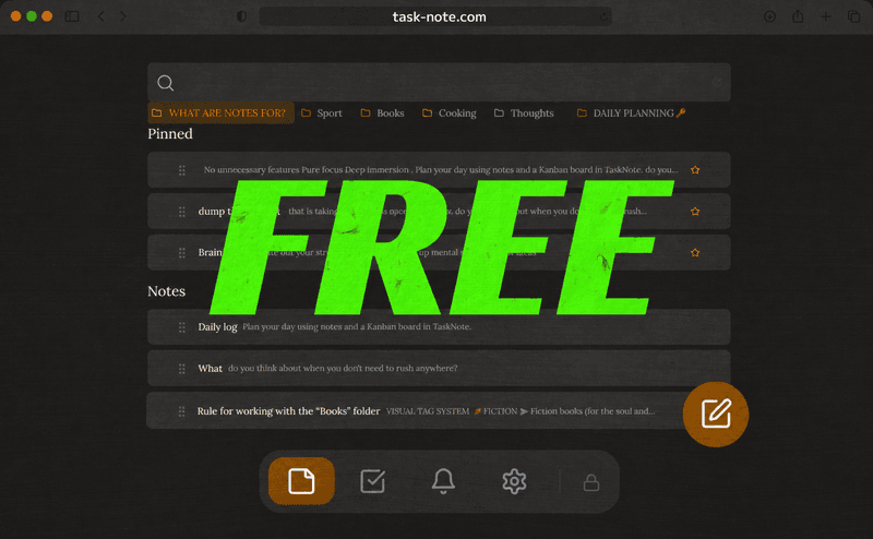 TaskNote app screenshot with Free label showing free access to features