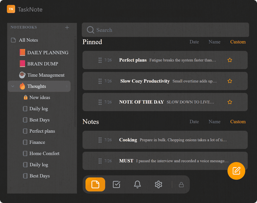 The TaskNote Windows app with notes on the left and a kanban board on the right, where clips from the Chrome extension are saved