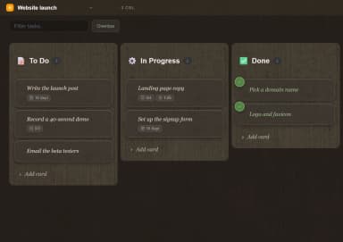 The TaskNote board with three columns, To Do, In Progress and Done, and cards that came from notes