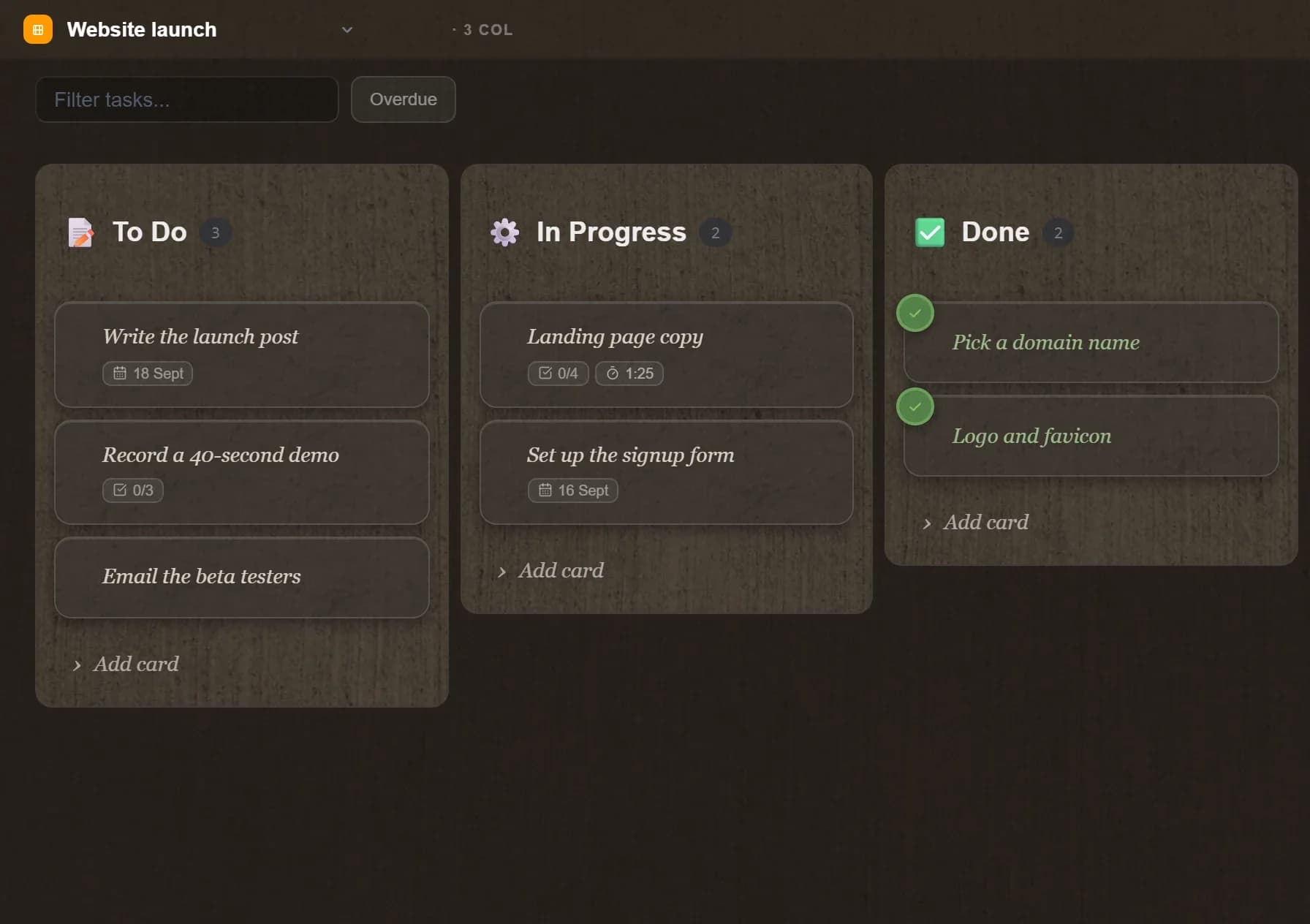 The TaskNote board with three columns, To Do, In Progress and Done, and cards that came from notes