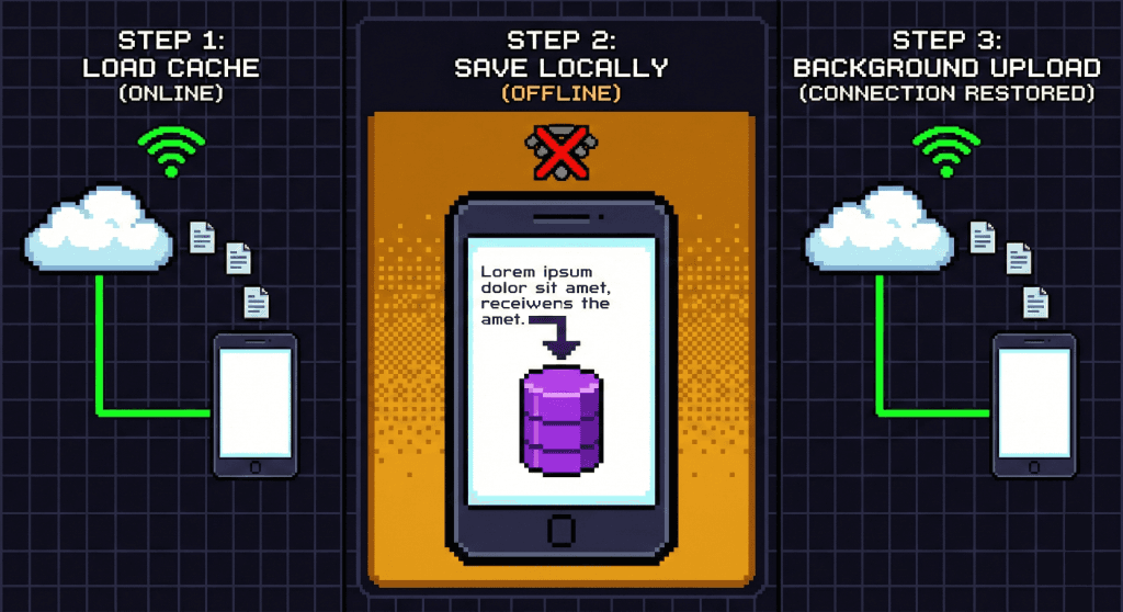 Offline-First Flow: Load Cache -> Save Locally -> Background Upload