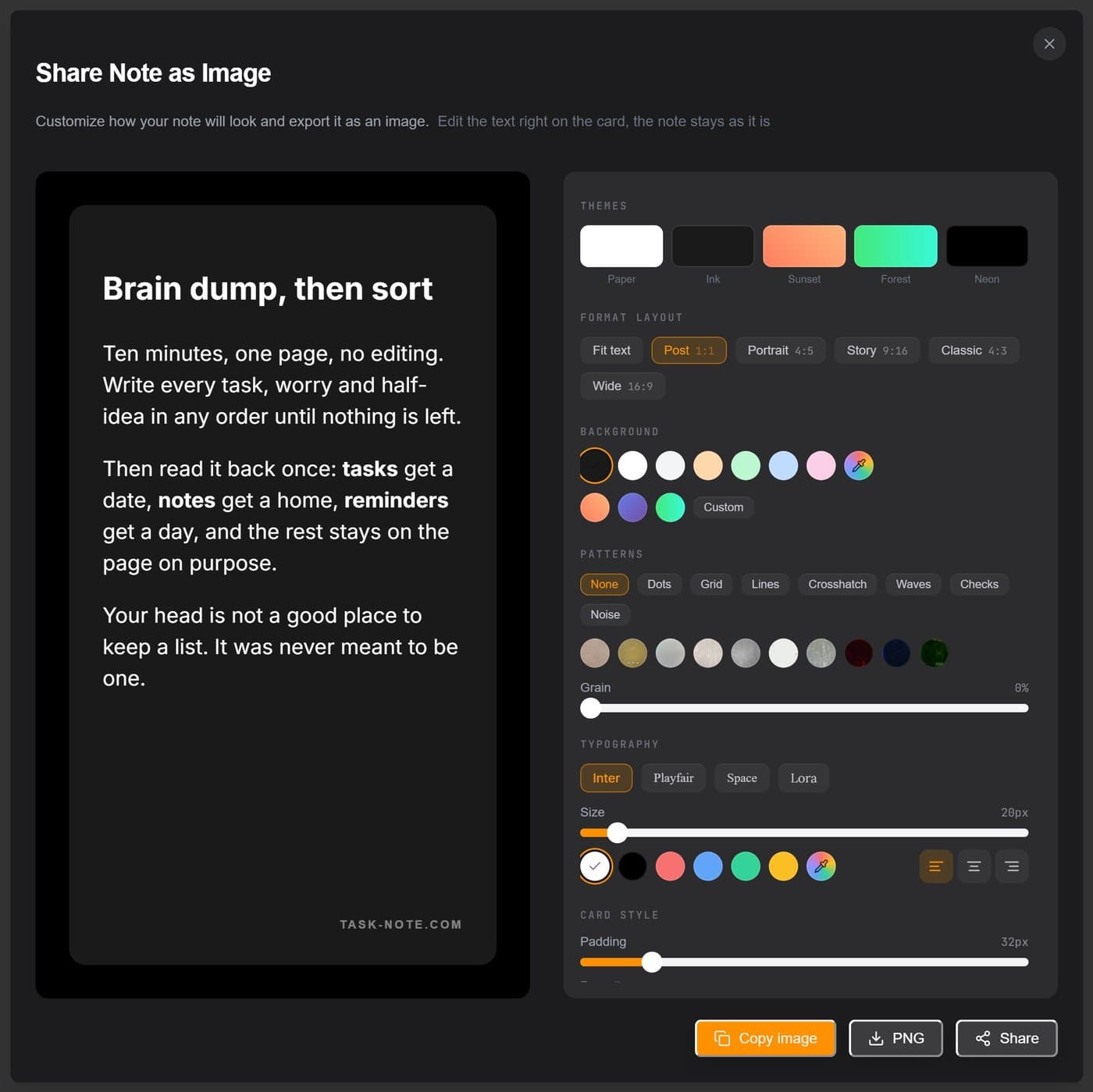 The export panel: themes, format, background, patterns, typography and card style beside a live preview