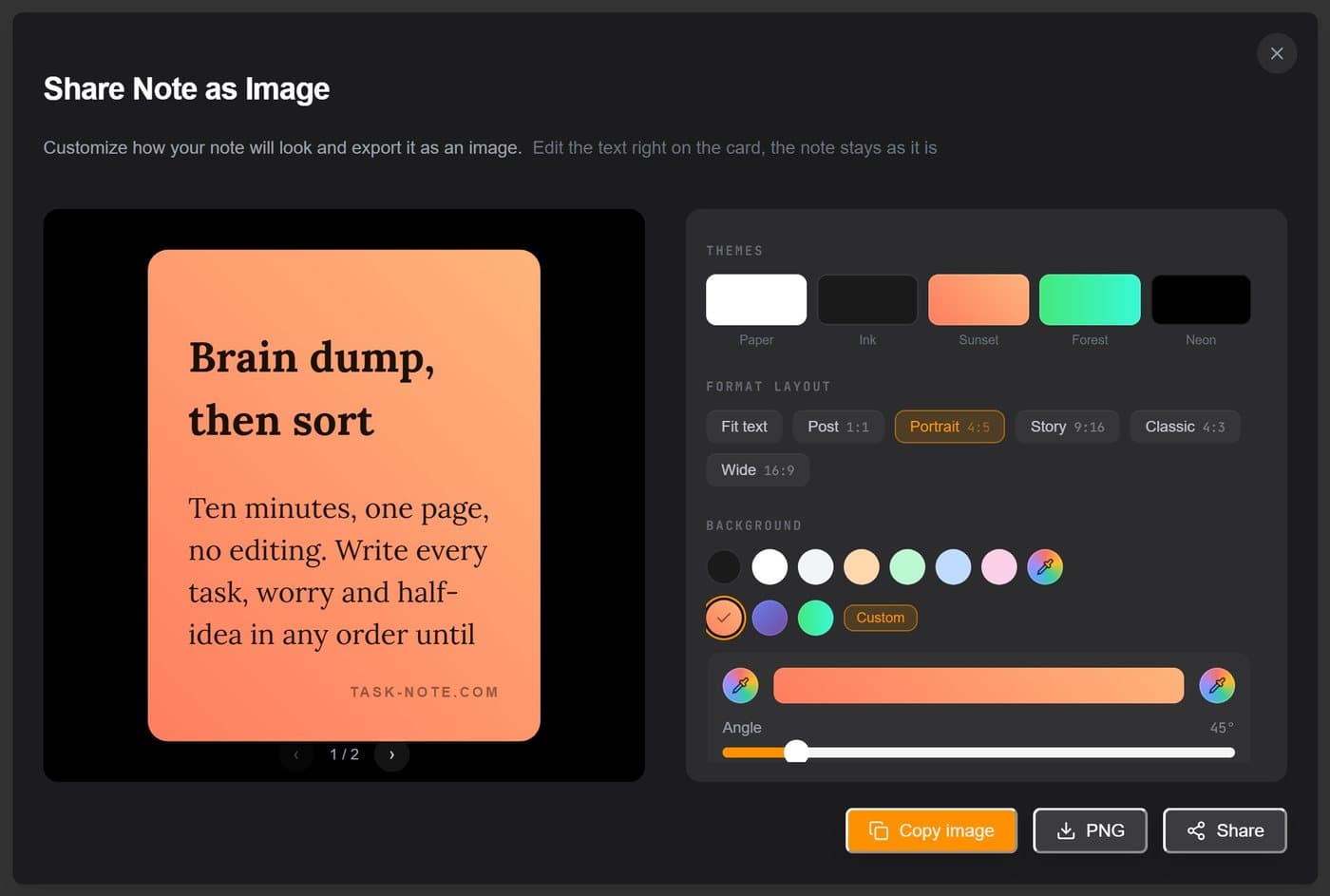 Split into cards on: one note becomes pages, with arrows to move between them