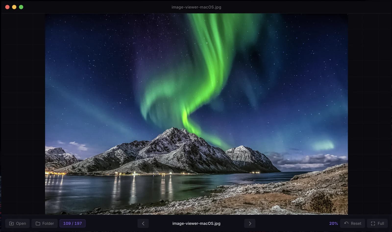 Image Viewer on macOS: a northern lights photo filling the window, with a thin bar below showing Open, Folder, the 109 of 197 counter, arrows, zoom and Full