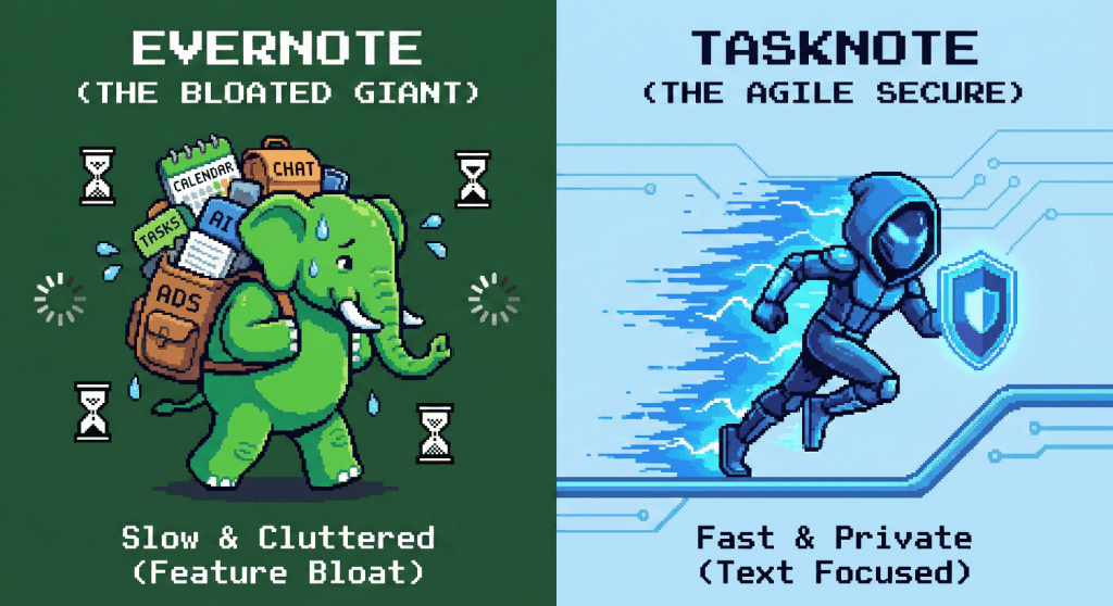Evernote ที่อุ้ยอ้าย เทียบกับ TaskNote ที่เร็วและปลอดภัย