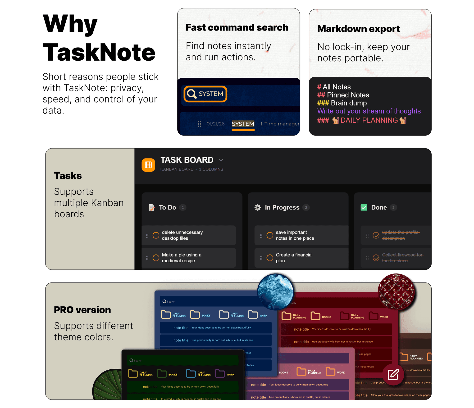 Why choose TaskNote: On-device encryption, Fast command search, Markdown export, Tasks, Kanban Board, Reminders, Distraction-free writing, Pinning and filters, and Dark mode.