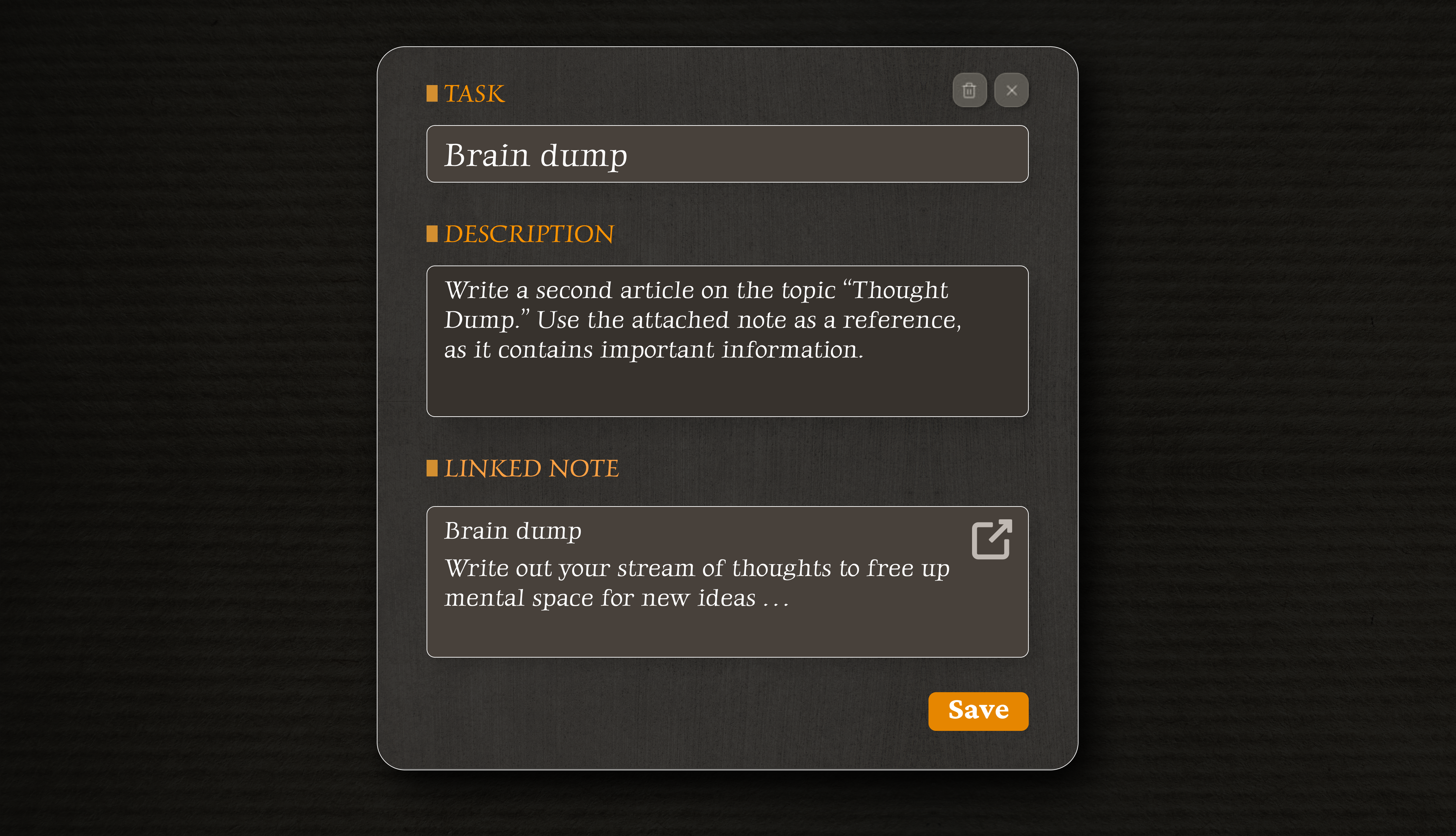 TaskNote task card with rich text note editor open