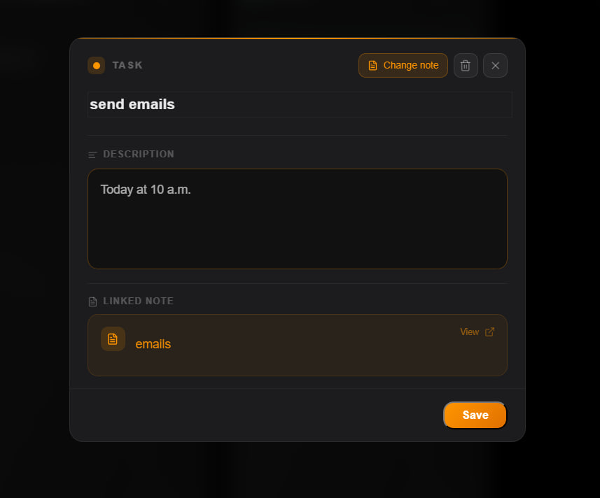 TaskNote task card with rich text note editor showing formatted content