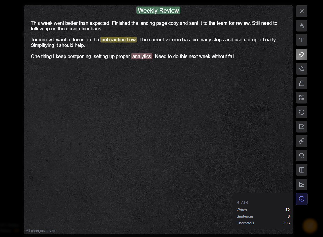 Sentence and word counter panel inside TaskNote note editor